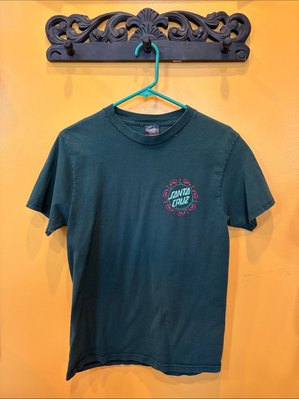 Santa Cruz Skateboards Dark Green Crew Neck Tee with Pink Accent